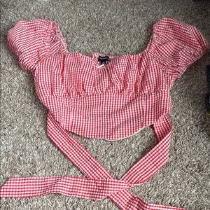 Red and White Puff Sleeve Crop Blouse with Tie Front